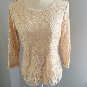 Adrianna Papell Cream Lace 3/4 Sleeve Top Blouse Small